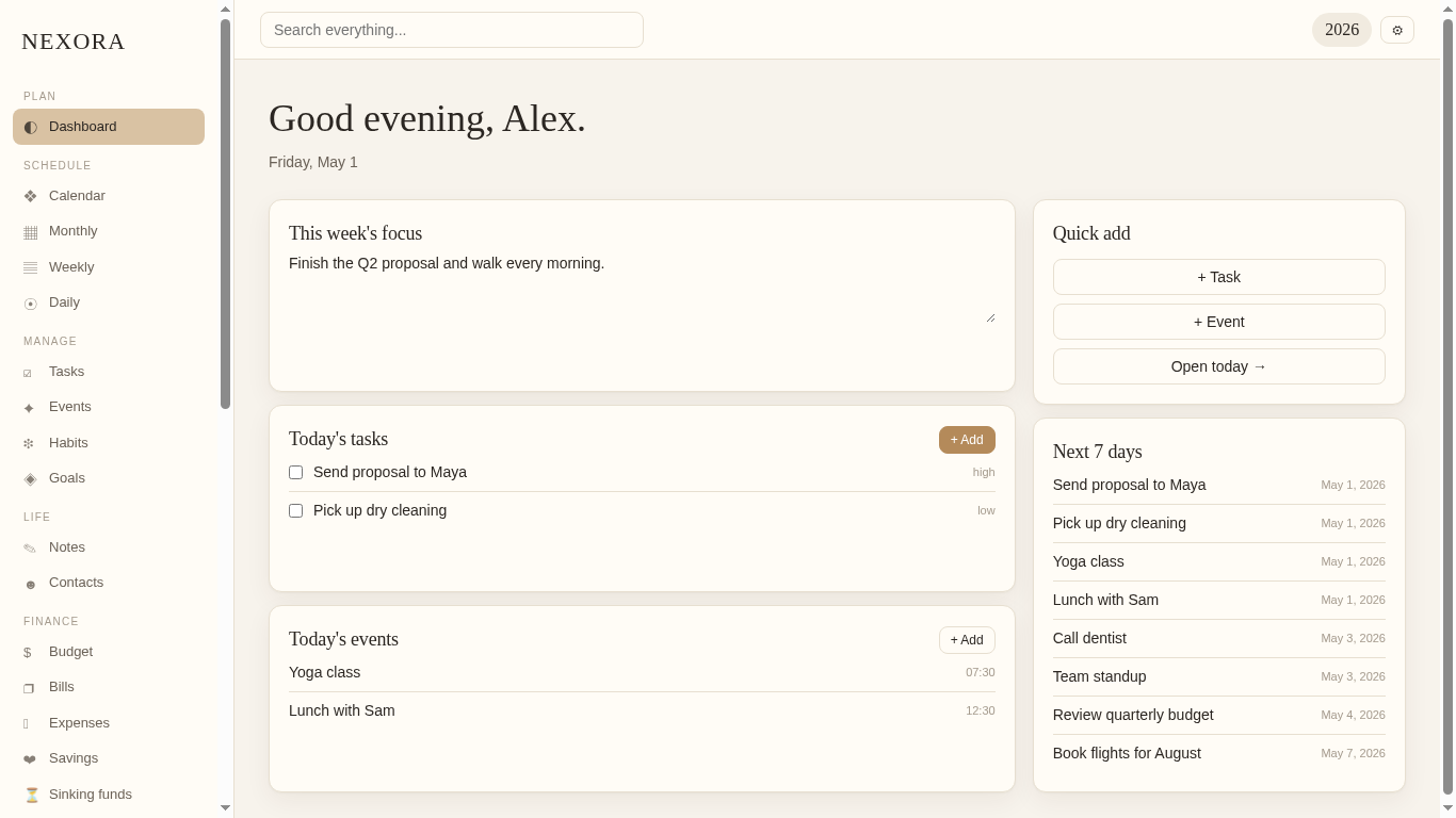 NEXORA daily dashboard — offline-first habit, goal and life tracker